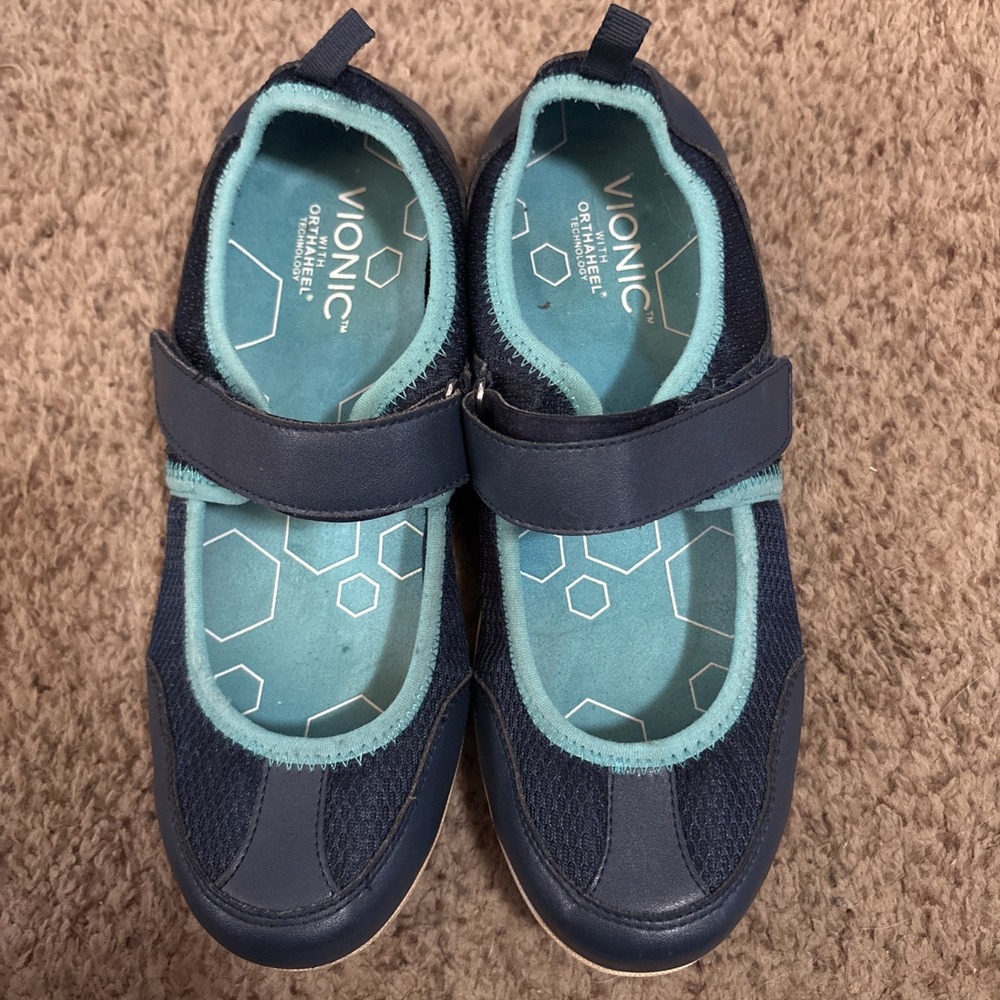 Vionic Orthaheel Women's 7.5 Ailie Mary Jane Shoes Navy Blue Flats Strap Comfort